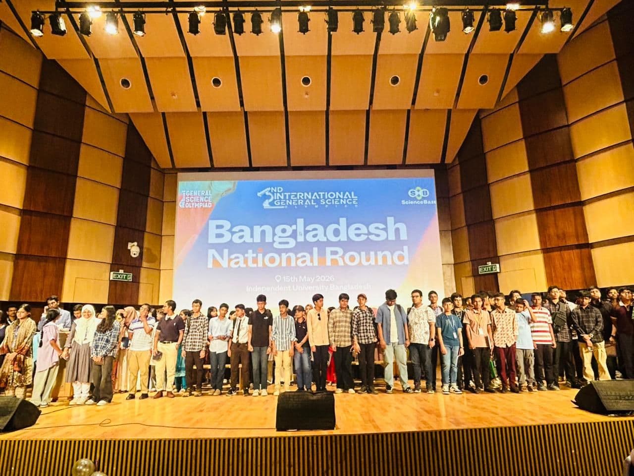 Finalists filling the stage of the IUB auditorium at the 2nd IGSO Bangladesh National Round